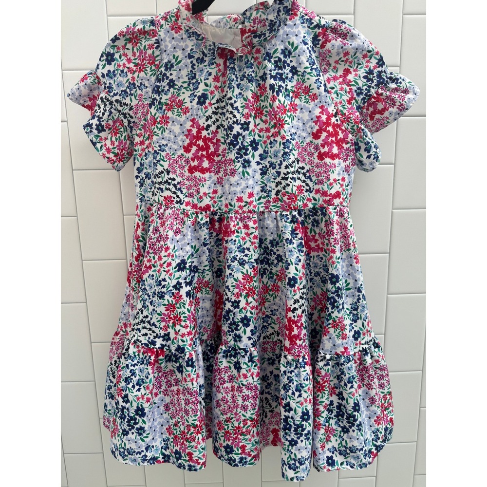 Janie and Jack Girls Floral Tiered Dress Pink‎ Blue Ruffle Neck Size 7